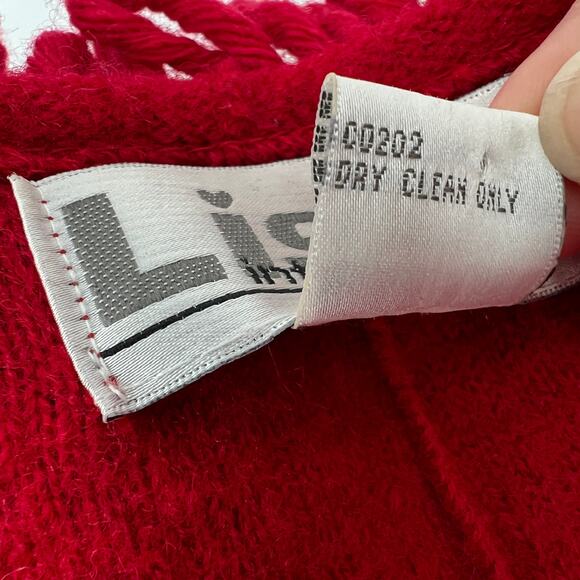 Vintage Lisa International Boiled Wool Cardigan Sweater Large Red V Neck Fringe - Picture 10 of 10